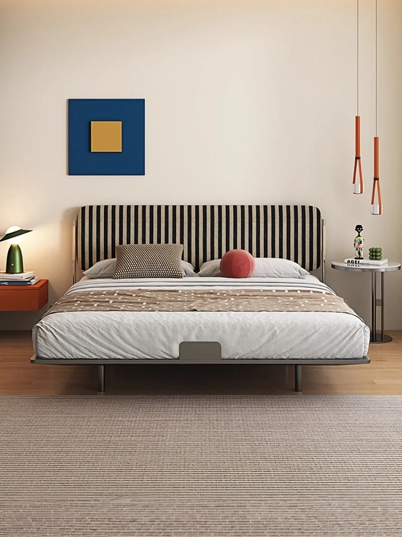Wrought iron ultra-thin tofu block carbon steel suspension bed chenille velvet fabric bed master bedroom double