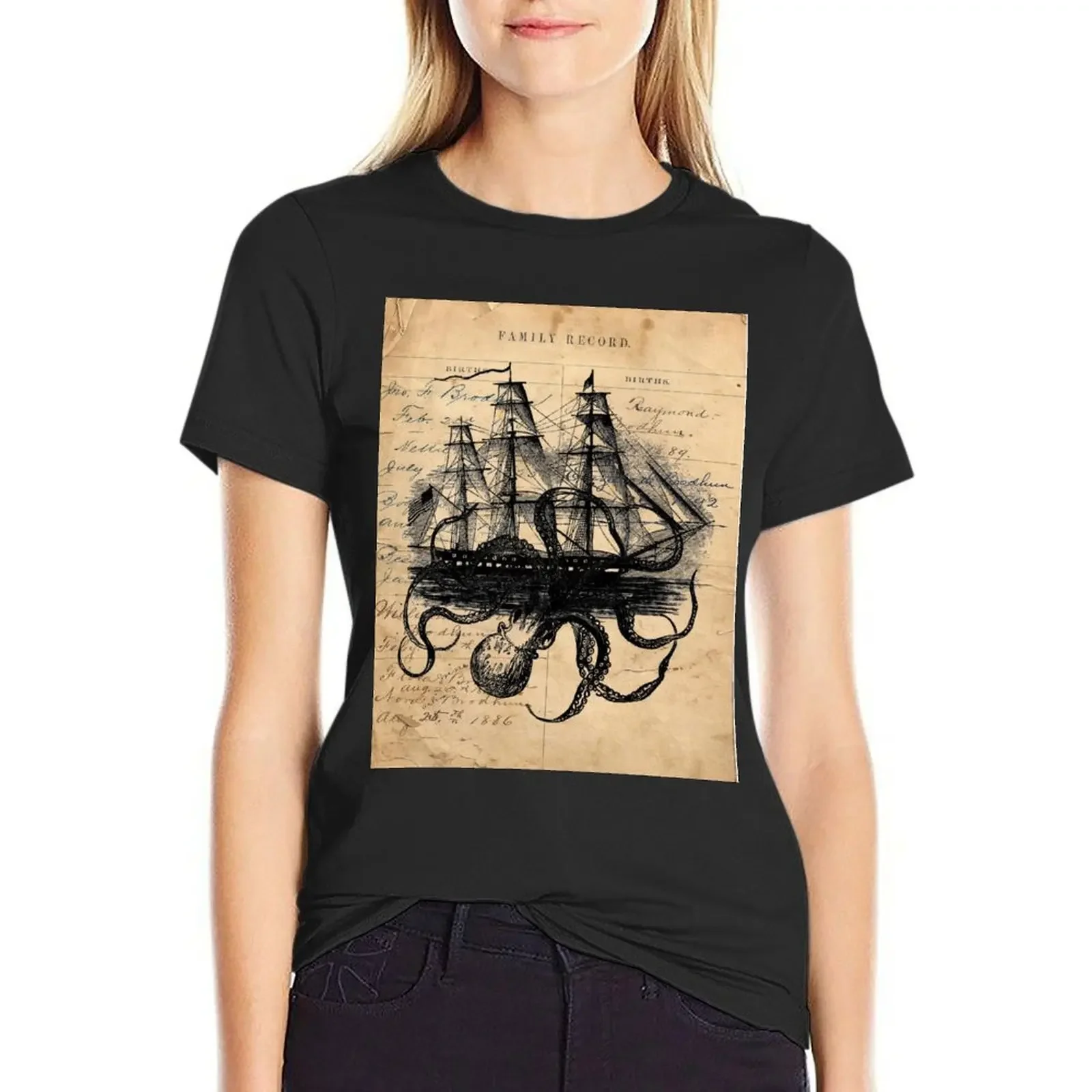 

Kraken Attacking Ship on Ledger DesignKAS947 T-Shirt female oversized Aesthetic clothing t-shirts for Women pack