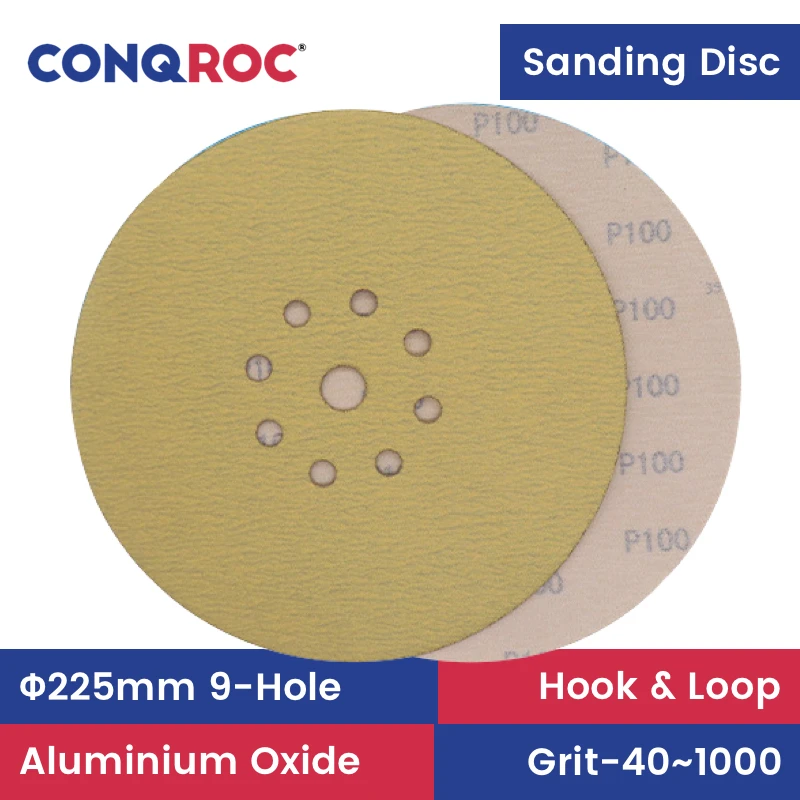 Sanding Discs 225mm 9-Hole Aluminum Oxide Dry Sandpapers Hook and Loop 10-Piece Grit 40~1000 for Car Paint Sanding High Quality