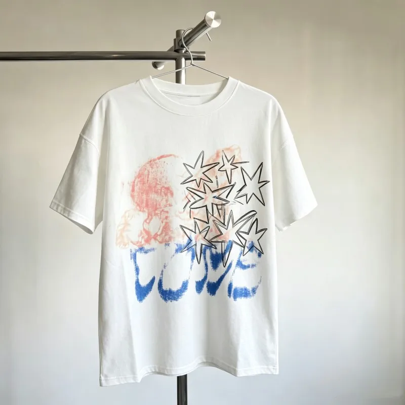 Summer CB Tshirts Hand Drawn Graffiti Star Print White Breathable Cotton Round Neck Short Sleeve Tops Men Women Street Cleanfit