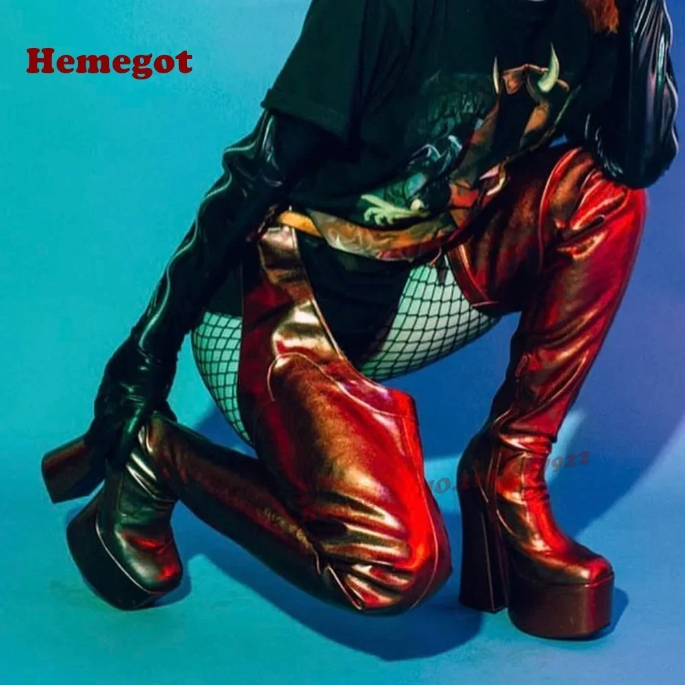 

Round Toe Chunky Heels Women's Long Boots Orange Platform Thigh High Boots Winter Glossy Belt Buckles Casual Shoes Luxury Solid