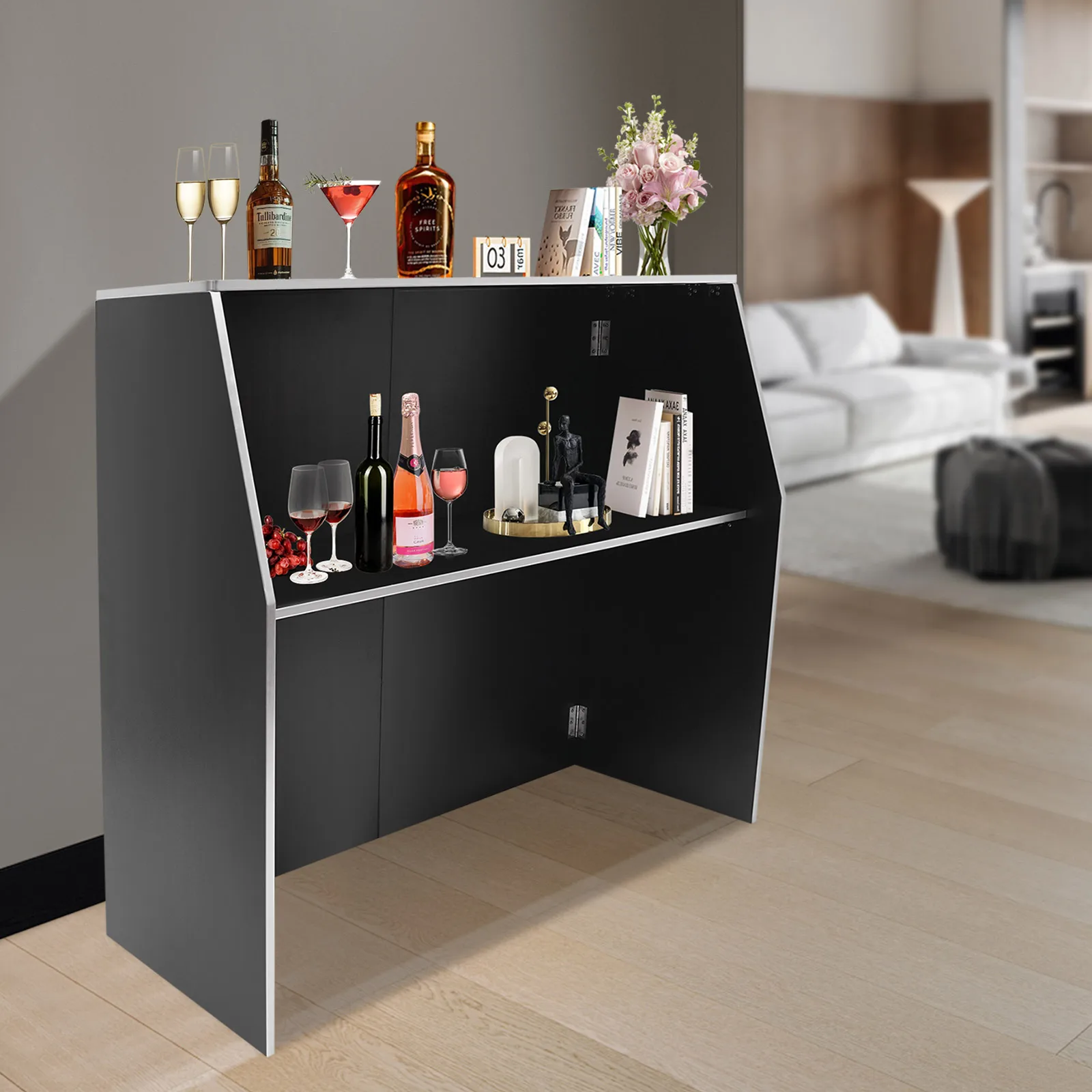 Portable Bar Cabinet – 19.5" x 47.75" x 42.75", Black Particle Board with White Aluminum Trim