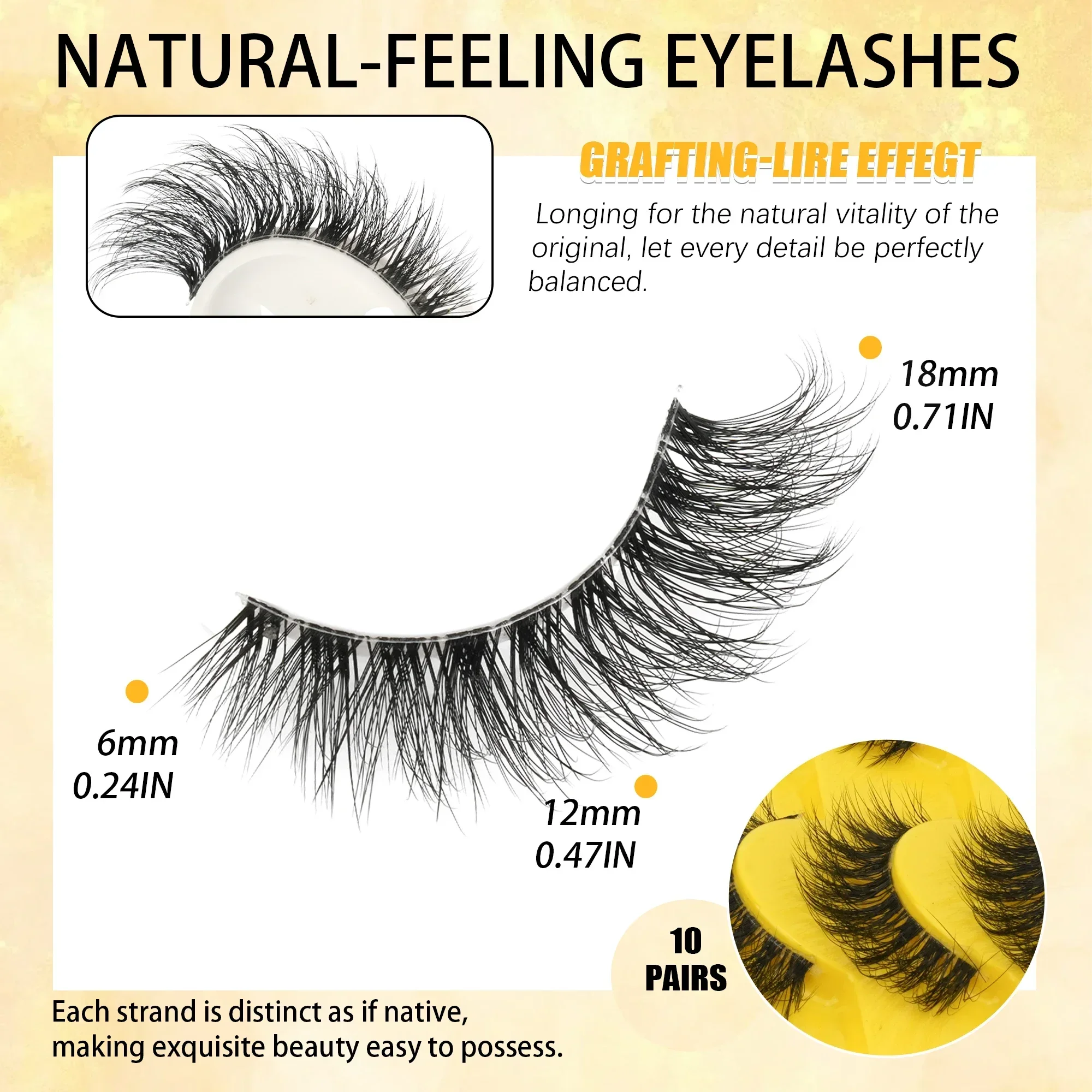 10Pairs Self Adhesive False Eyelashes,No Glue Needed Cat Eye 3D Faux Mink Strip Lashes, Wispy Fluffy Fake Eyelashes For Makeup
