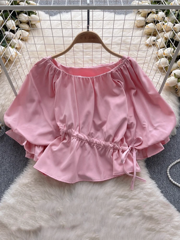 EWQ Summer Casual Irregular Blouse Women Round Neck Puff Sleeves Lace-up Gathered Waist Solid Color Tops 2024 New 27C310