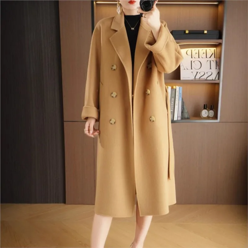 

Новое двустороннее шерстяное пальто для женщин с длинным воротником-стойкой, повседневное, с двойной застежкой на пуговицы.