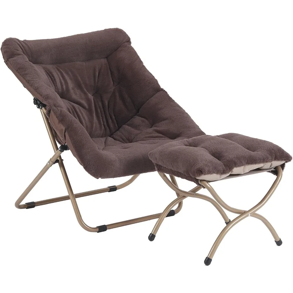 Saucer Chair with Ottoman, Oversized Folding Faux Fur Chair, Foldable Metal Frame Chair for Bedroom, Living Room, Balcony, Patio