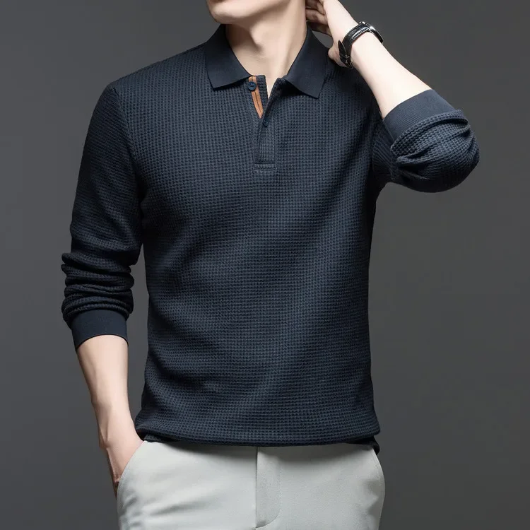 Langarm-Poloshirt aus Waffelstrick – Weiche Baumwollmischung, Slim Fit, Lässiges Business-Oberteil für Herbst und Winter, Mehrfarbig – Detail 14