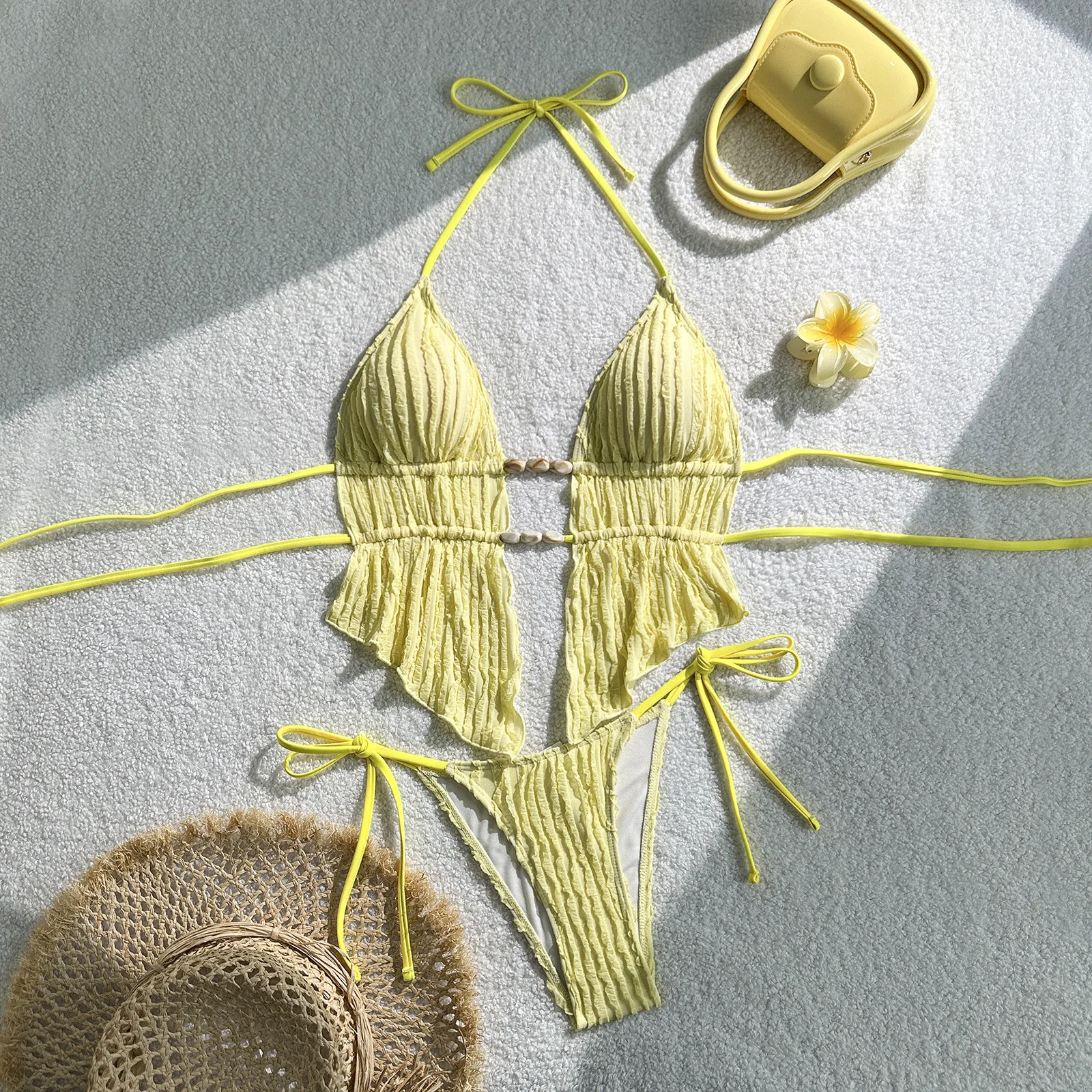 Women Yellow Textured Halter Bikini Set Shell Decor Ruffle Tie‑Side High Cut Bathing Suit For Brazil Beach Pool Summer Swimwear