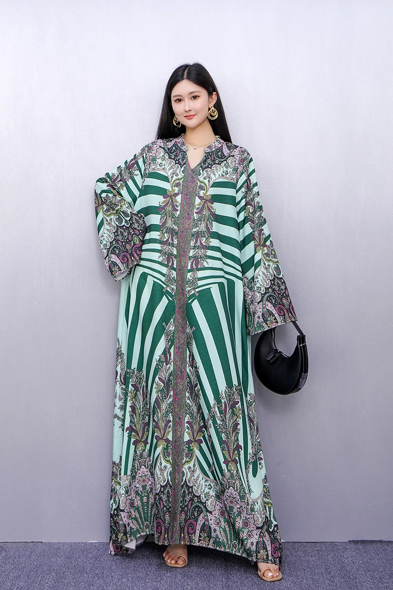 

2024, весна-лето, новая мода, элегантные свободные длинные платья с v-образным вырезом и принтом, женское платье с длинным рукавом, оптовая продажа, J1035