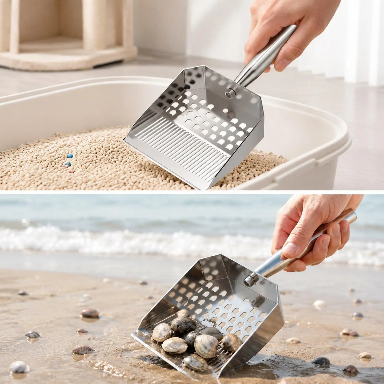 Practical Sand Scoop Dipper Ergonomic Stainless Steel Shovel for Beach Sifting Shell Collecting and Pet Waste Removal