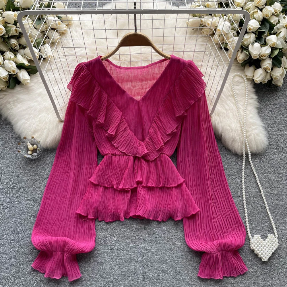 

New Spring Autumn Women V-Neck Long Sleeve Slim Short Blouse High Quality Sweet Ruffles Solid Color Pleated Shirt