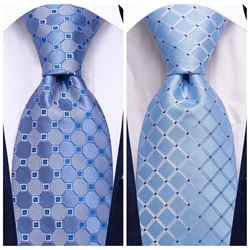 Hi-Tie Mens Elegant Necktie Handkerchief Cufflinks 3PCS Set Plaid Light Blue for Tuxedo Fashion Classic Silk Luxury Tie for Man
