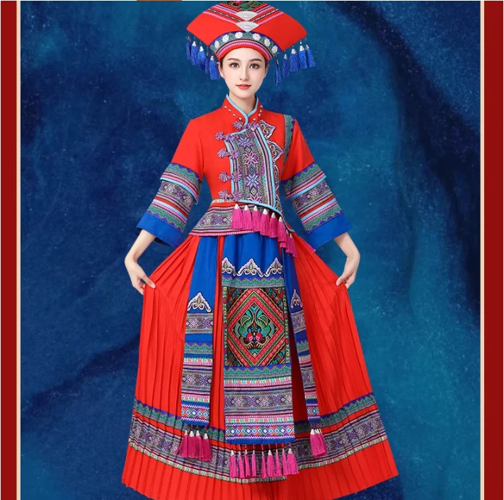 Chiński strój narodowy Guangxi Zhuang dla kobiet, kostium z frędzlami na występy sceniczne