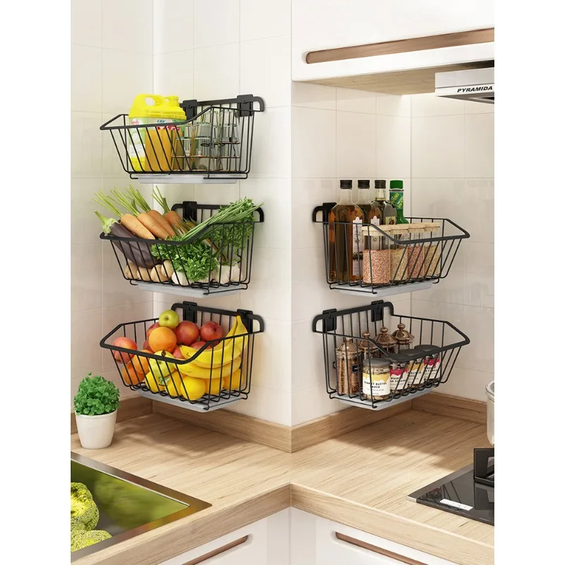 Wall-hung Vegetable Storage Rack Punching-free iron Storage Baskets for Fruit Vegetable Drain Storage Basket Kitchen Oganizer