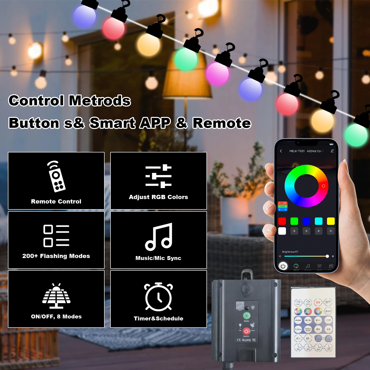 ソーラーLED電球,妖精,Bluetooth,アプリ,DIY,音楽変更,屋外,クリスマスデコレーション,5m, 10m, 15m