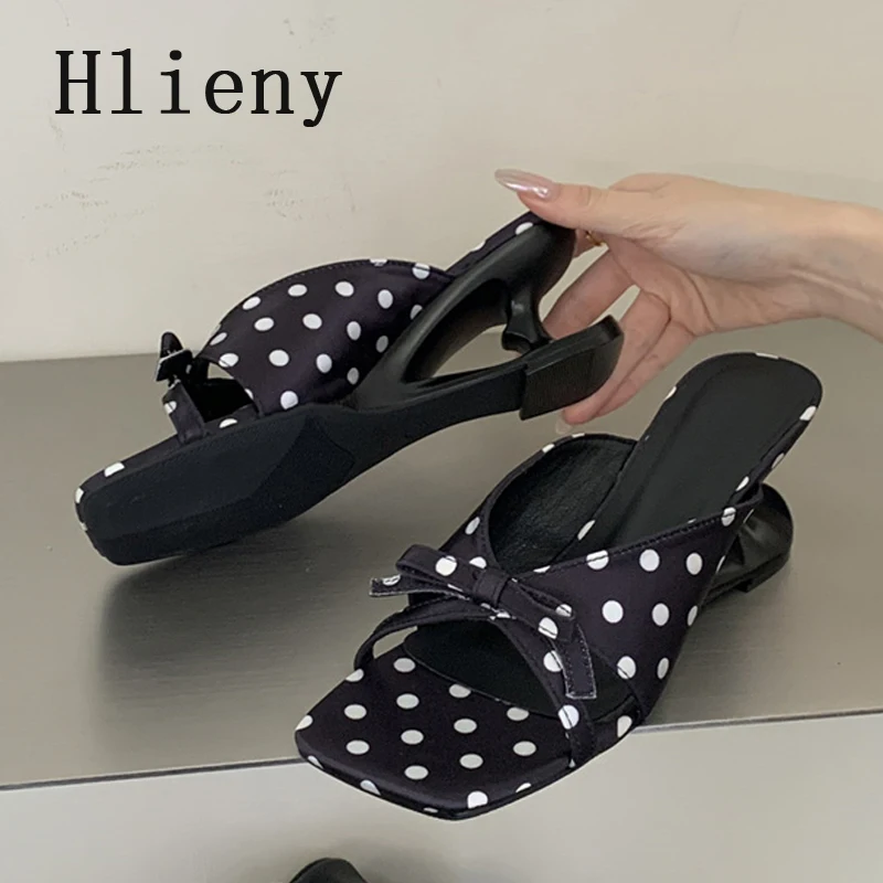 

Hlieny Designer Butterfly-kont Polka Dot Slippers Women Summer Fashion Square Toe Summer Hollow Out Strange Heels Banquet Shoes