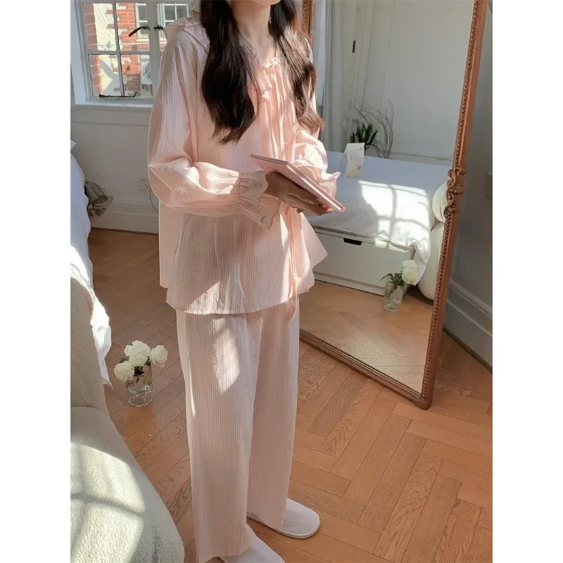 2024 New Spring Autumn Pajamas 2 Piece Set Women Korean Gentle Stripes Comfortable Long Sleeve Pants Suit Leisure Loose Homewear