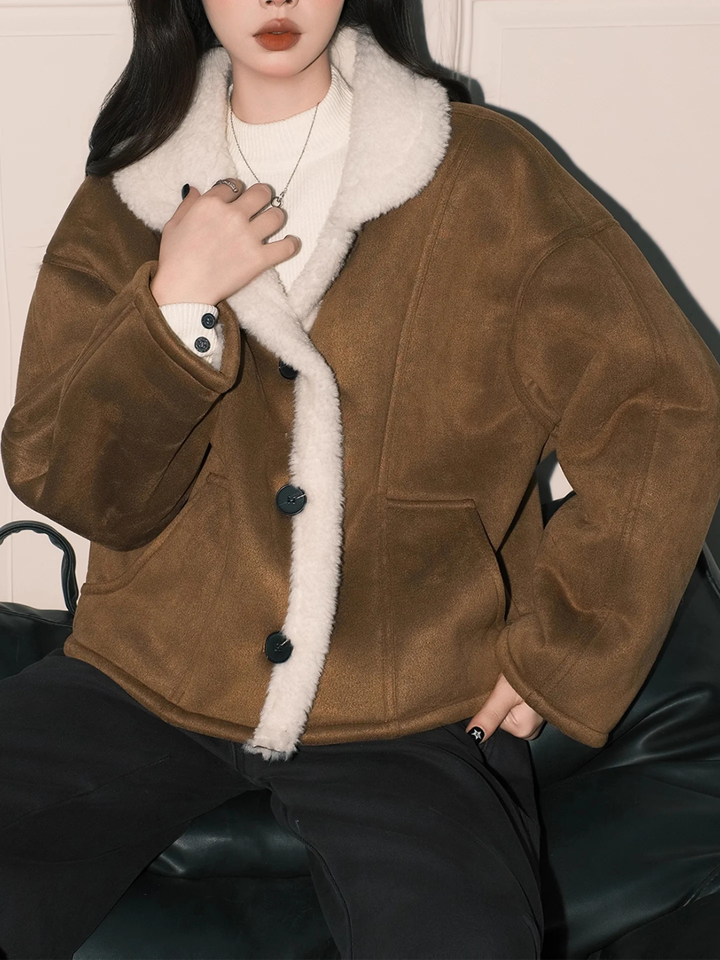 

Women's Loose Fit ort Lamb Fur Jaet Collared Button up Top Layered Versatile Winter Outerwear in Mocha Color