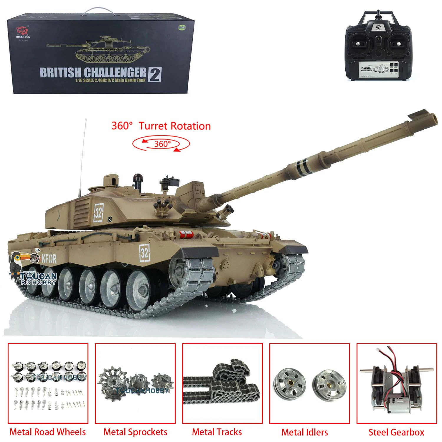 Heng Long 1/16 RC Tank 7.0 Customized Challenger II 3908 Metal Tracks W/ Rubbers Steel Gearbox Idler BB Shooting Radio TH17742