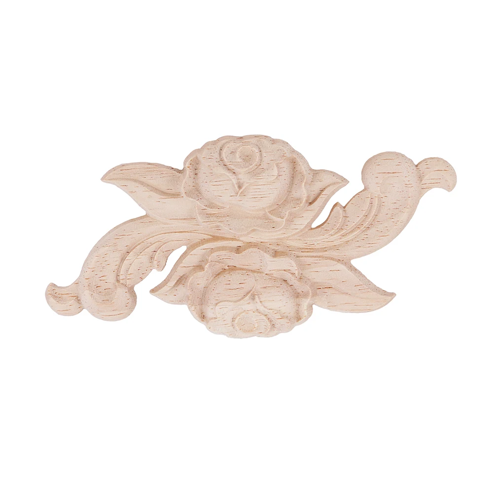 Flower Natural Wood Carving Appliques for Furniture Cabinet Wall Dresser Unpainted Wooden Mouldings Decals Decorative Figurine