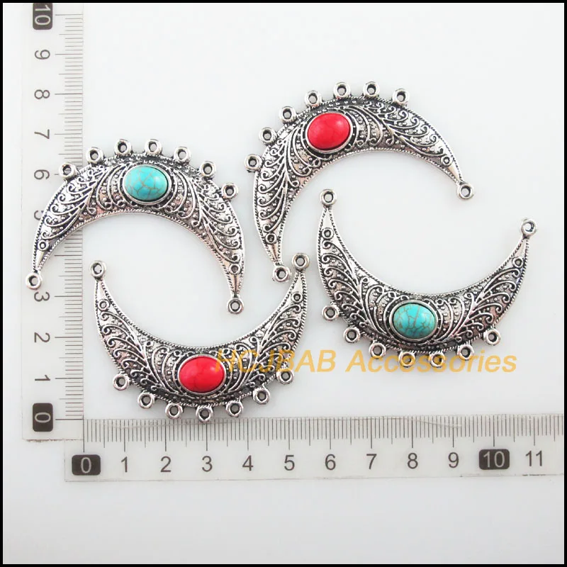 Fashion 4Pcs Retro Tibetan Silver Tone Flower Moon Blue&Red Stone Charms Connectors 37x54mm