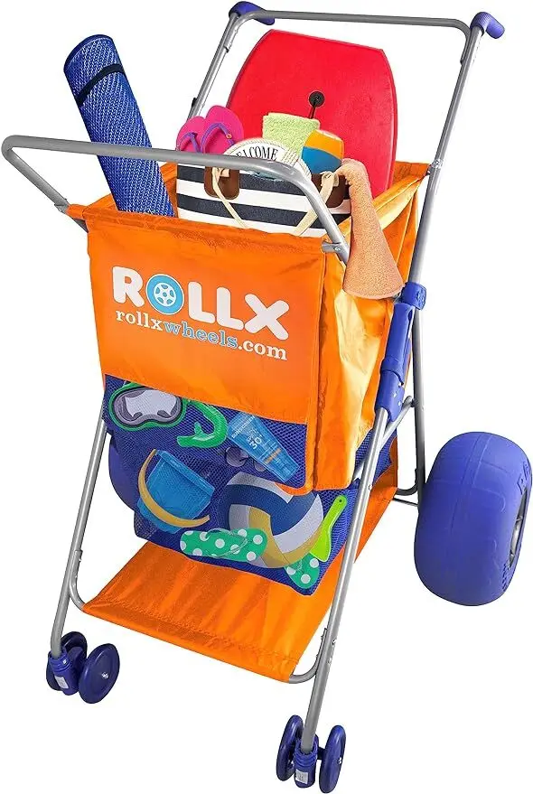 Beach Cart with Big Balloon Wheels for Sand, Foldable Storage Wagon with 13 Inch Beach Tires (Pump Included) (Orange)