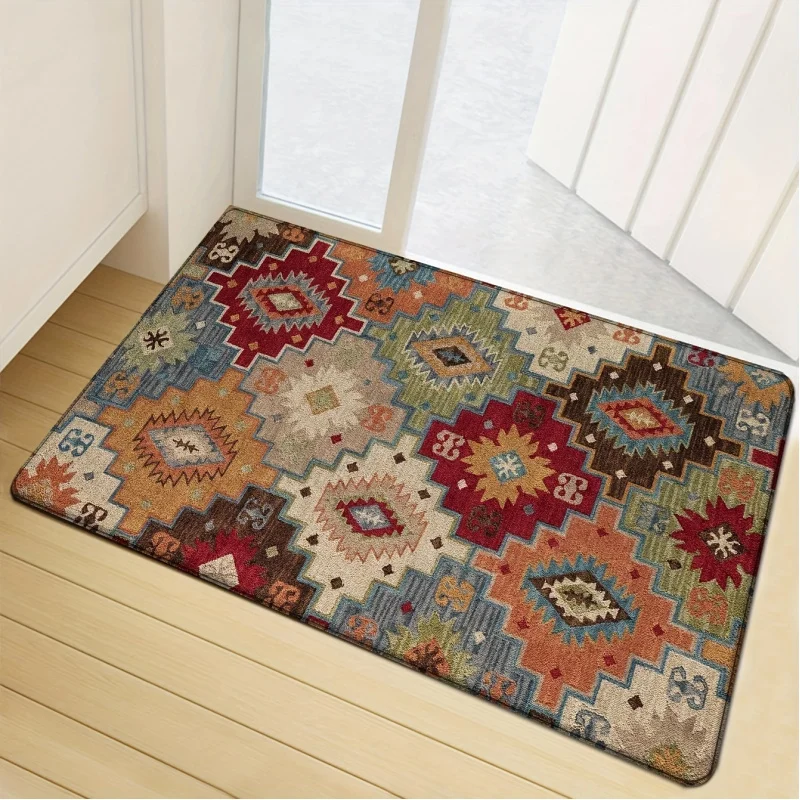 

VIKAMA Vintage Ethnic-Style Colourful Geometric Doormat Easy-Care Non-Slip Bathroom Mat Entrance Hallway Rug Home Decor