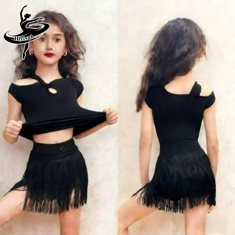 

Детский костюм для латинских танцев для девочек, топ с короткими рукавами, комплект с юбкой с бахромой, черный комплект для румбы, ча-ча-ча, тренировочная одежда для выступлений
