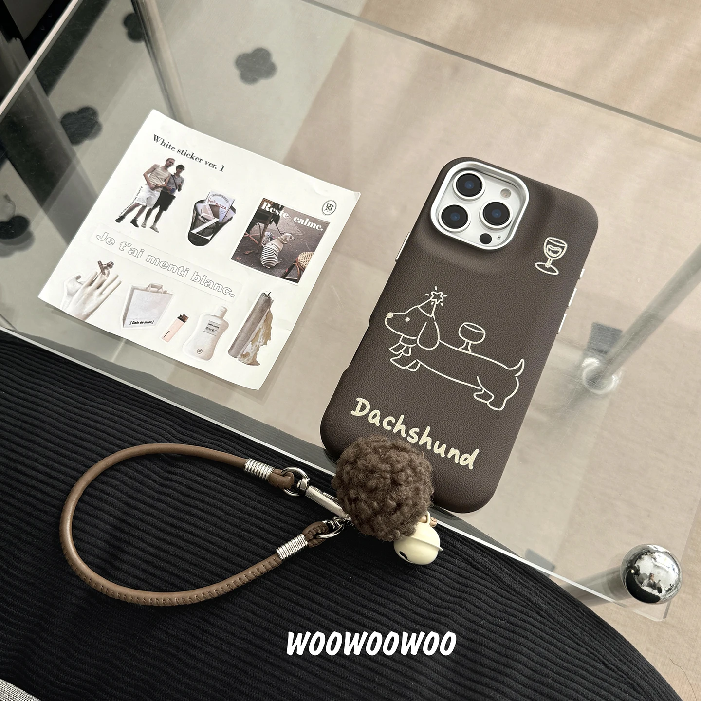 

Drum shaped brown line wine glass sausage dog phone case with hair ball phone short chain for iPhone 13 14 15 16 pro max