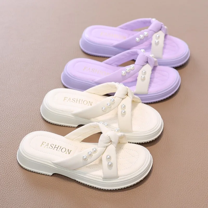 Girls Summer Slippers with Pearls Non-slip Soft Sole Children Summer Beach Shoes Kids Cross Princess Sandals Soft Bottom