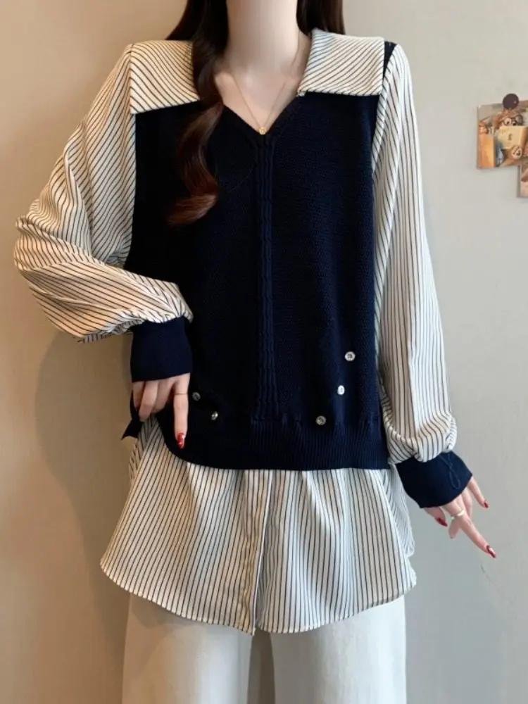 

Casual Sle plus Size Women's irt Spring Season Loose Fit Tummy Covering Mid-Length Patchwork Design Slimming Top