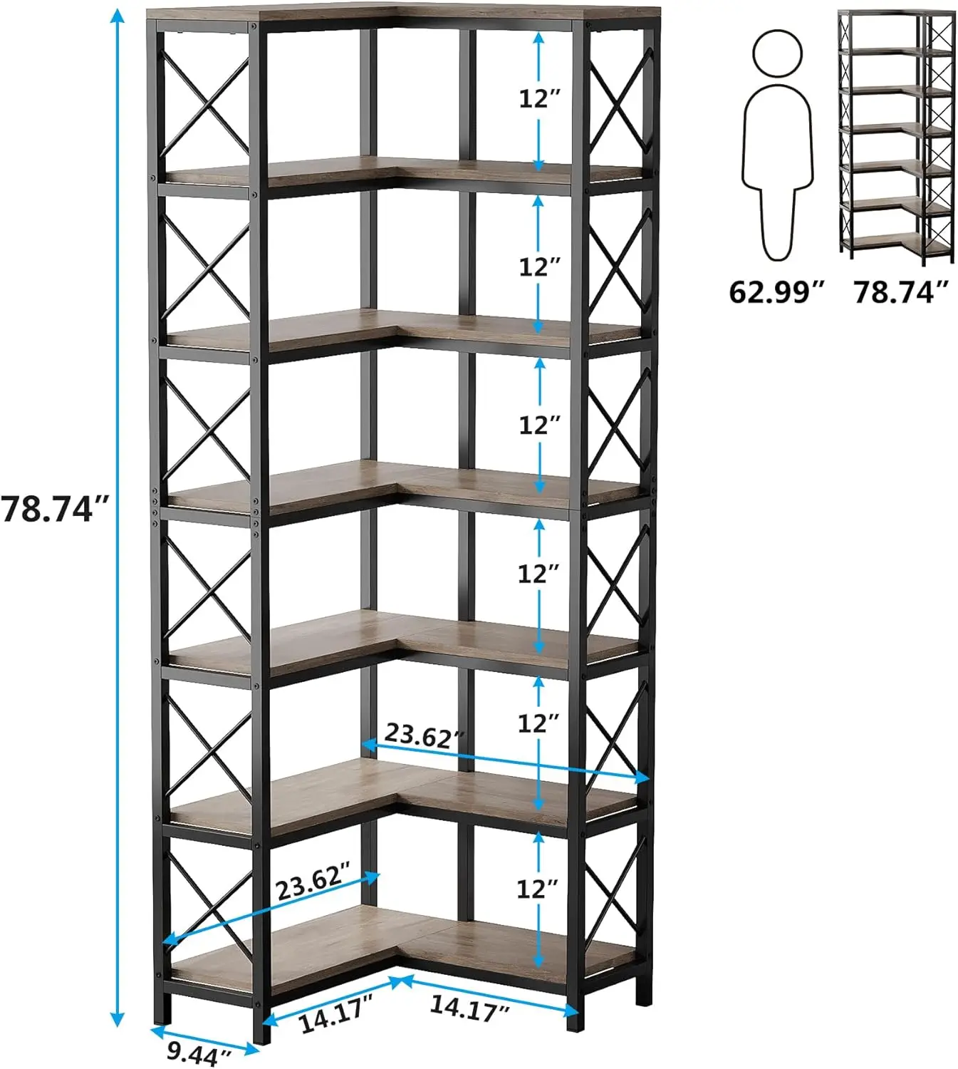 Large modern corner bookshelf, 7-story metal frame storage display rack, suitable for living rooms and home offices