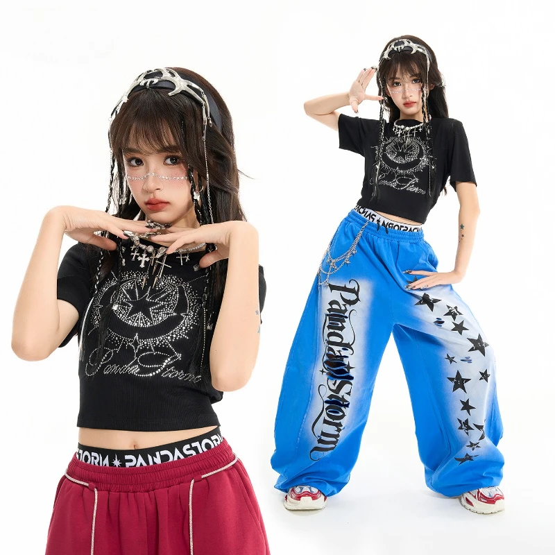 ガールズストリートウェアジャズダンスブラック半袖tシャツルーズスウェットパンツストリートダンス衣装グループジャズステージパフォーマンスセット