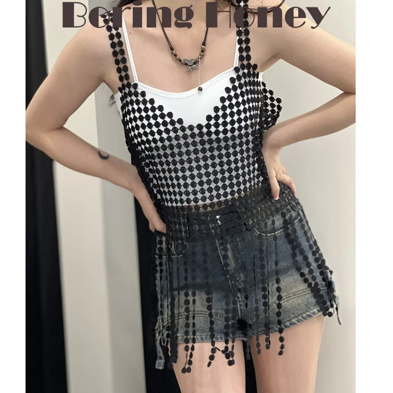 

Boring Honey Summer Clothes For Women Lace Tassels Crop Top Hollow Out Solid Colour Fashion Women Blouses V-Neck Be All-Match