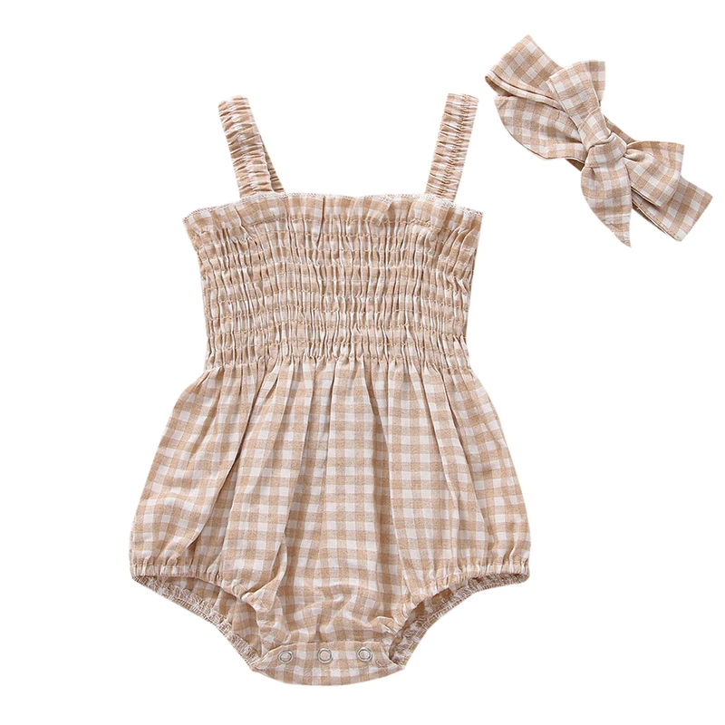 

Newborn Baby Girl Romper Summer Sleeveless Smocked Cotton Linen Clothes Outfit with Headband