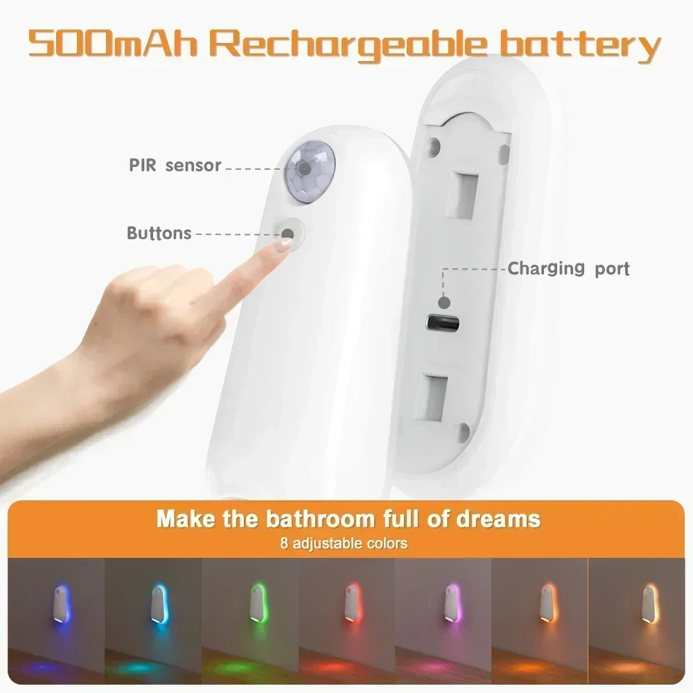 LED Toilet Sensor Light Motion Sensor Night Light RGB 2 in 1 Rechargeable 8 Light Modes Toilet Hallway Step