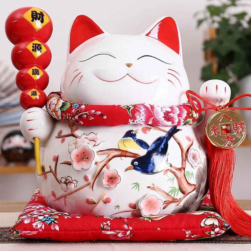 10 Inch Red Ceramic Manaki Neko Feng Shui Decor Lucky Cat Beckoning Cat Piggy Bank Business Gift Home Decoration Money Box