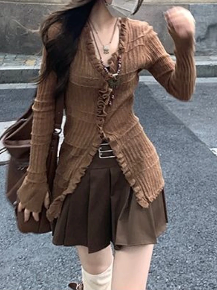 Amerikaanse Stijl Bruin Kant Gebreide 3 Delige Set Vrouwen Herfst Winter Casual High Street Sets Y2k Top + korte Rok Pak 2025 Nieuwe