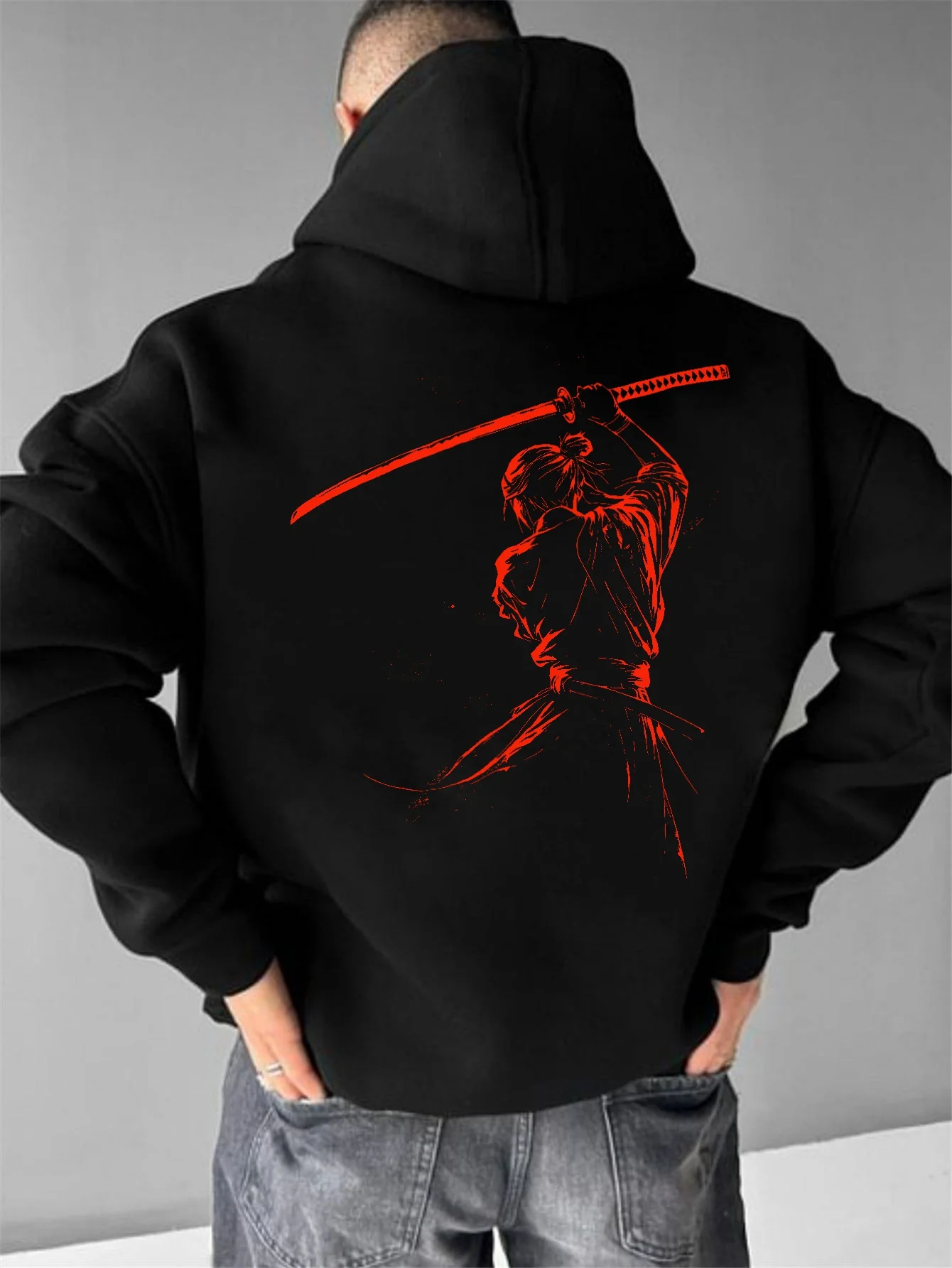 Japanesesamurai print simple and fashionable loose street gothic hip-hop sportswear men's hoodedsweatshirt for autumn and winter