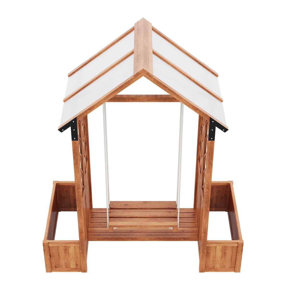 PINGGO Pflanzentopf-Schaukel für den Außenbereich mit Rankhilfe und Polycarbonat-Sonnenschutz, braunes laminiertes Holz für Terrasse und Rasen – Detail 12