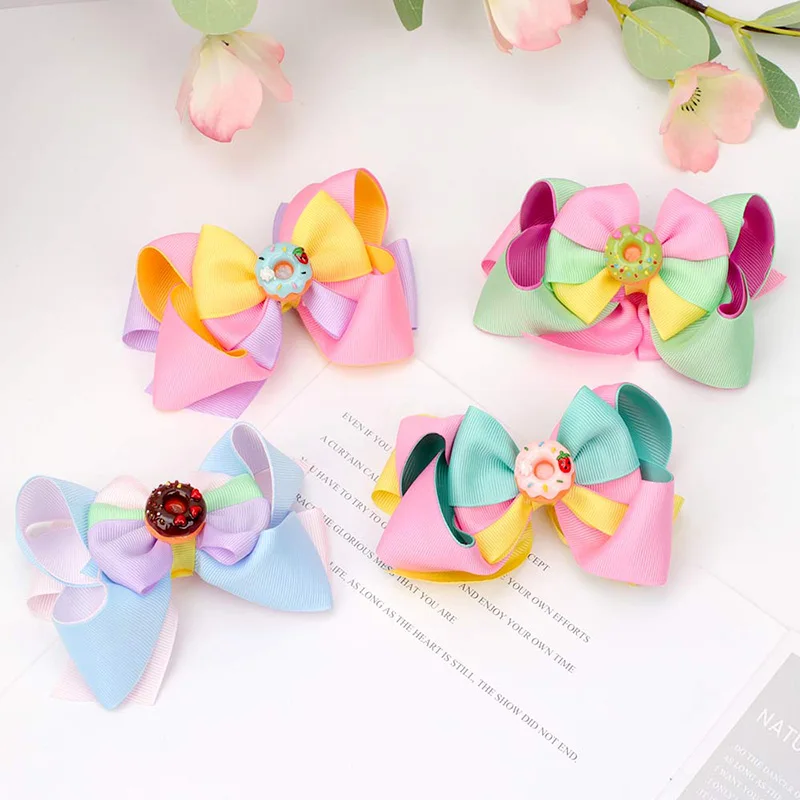 Sweet Doughnut Hair Bows With Clips Ribbon Colorful Hairpin Barrettes 3 Layer Bow Hair Clip Headwear Kids Apparel Accessories