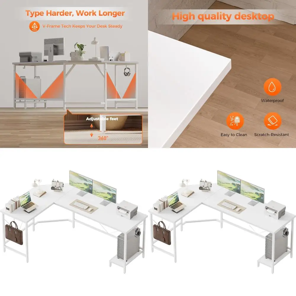 

50 White L-Shaped Gaming Desk with CPU Stand and Hooks for Home, Bedroom, and Office