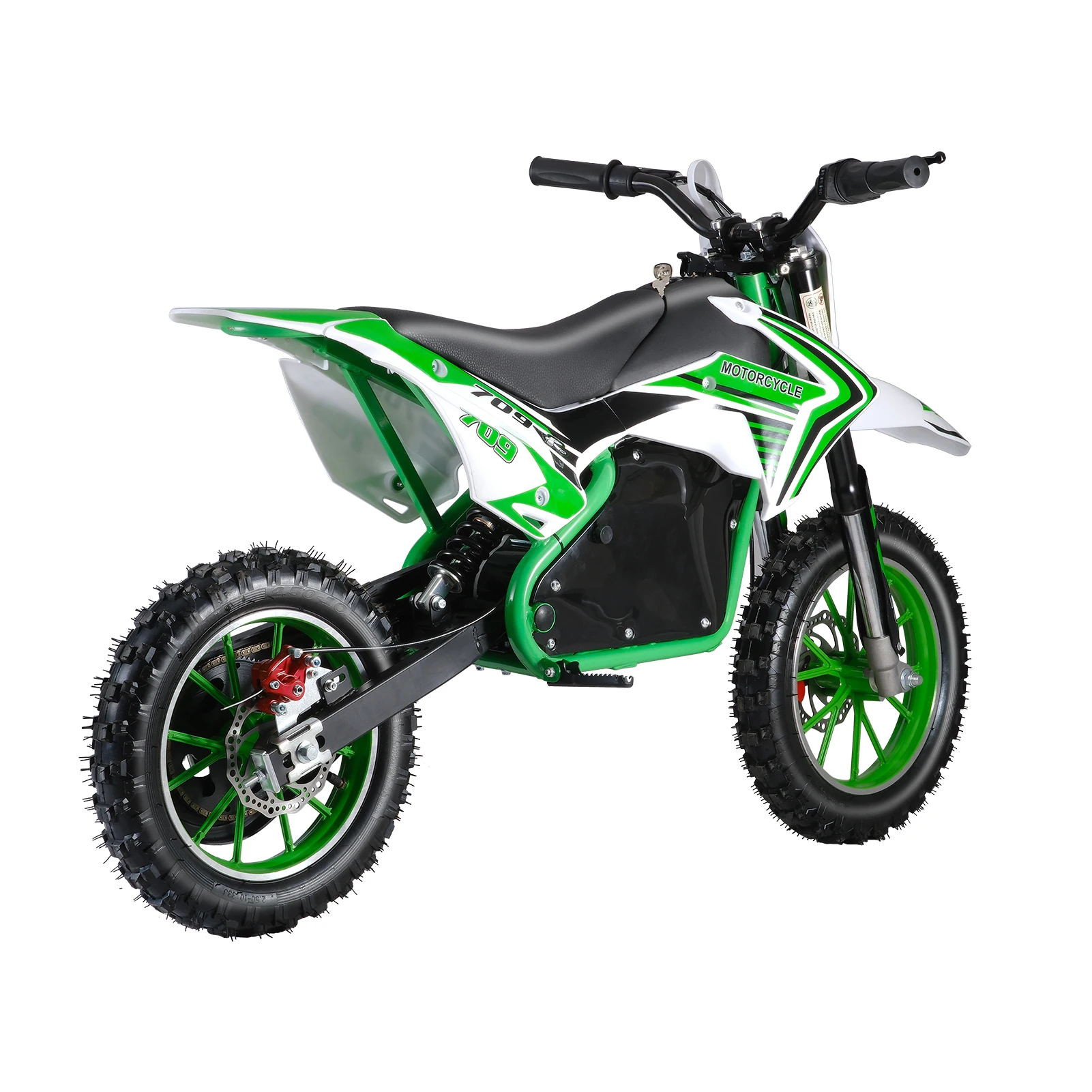 Groene mini-crossmotor, raket elektrische motorfiets met terreinband, met mechanische schijfremmen motor, elektrische pocketmotor