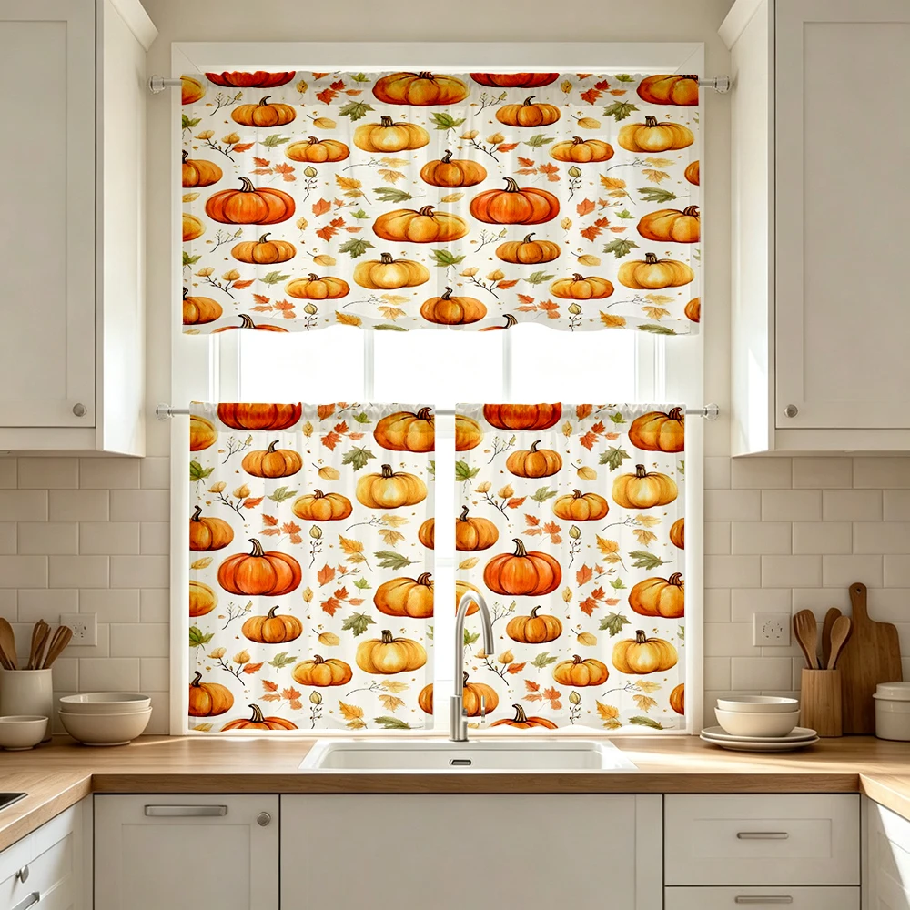 Thanksgiving Fall Kitchen Curtains, Pumpkin Maple Pattern, Digital Print, Kitchen Dining Room, Rod Pocket Polyester, Home Decor