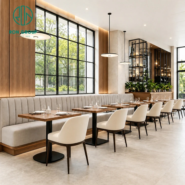 Ron Group Factory Direct Commercial Cafe Restaurant Furniture Square Wood Table L-Shaped Upholstered Booth Seating Leather Chair