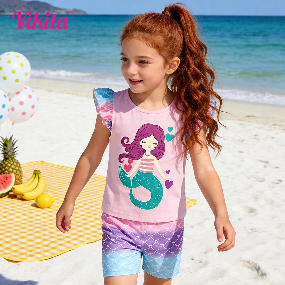 

VIKITA Girls Mermaid Print 2 Pcs Outfit Kids Ruffle Sleeve Cotton Casual Tops Tees and Polyester Shorts Bottoms Clothes Sets