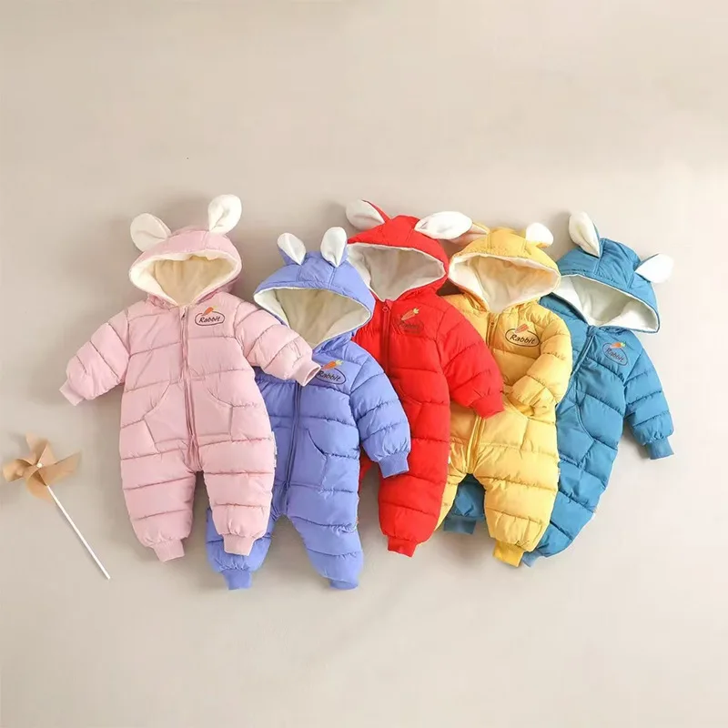 

Winter Newborn Kids Boys Rompers Cotton Padded Ear Hooded Jumpsuits For 0-3Y Girls Thick Warm Babys Girls Sleepwear Onesies