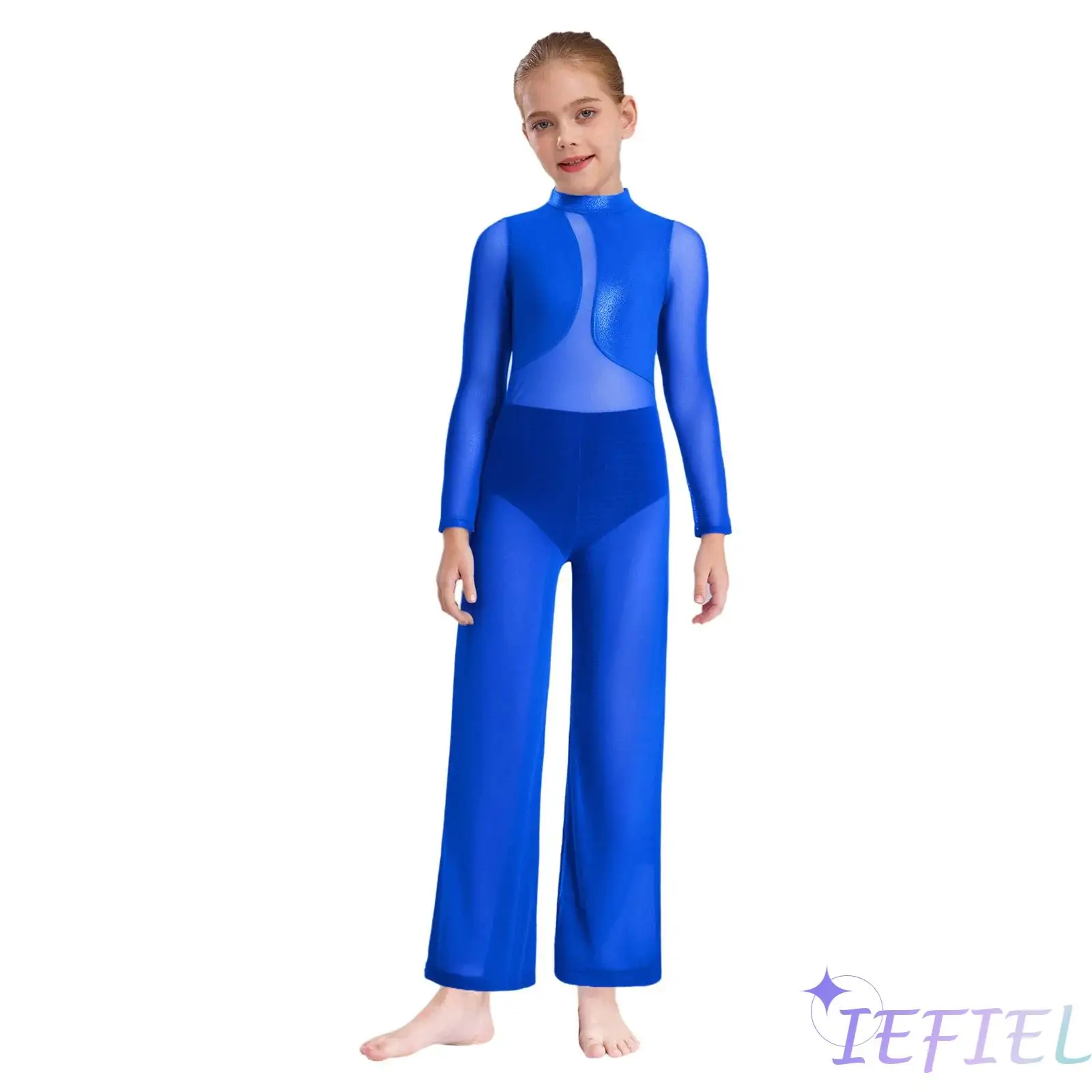 

Girls Gymnastics Stage Performance Costume Sheer Mesh Patchwork Wide-Leg Jumpsuit Long Sleeve Keyhole Back Full Body Leotard