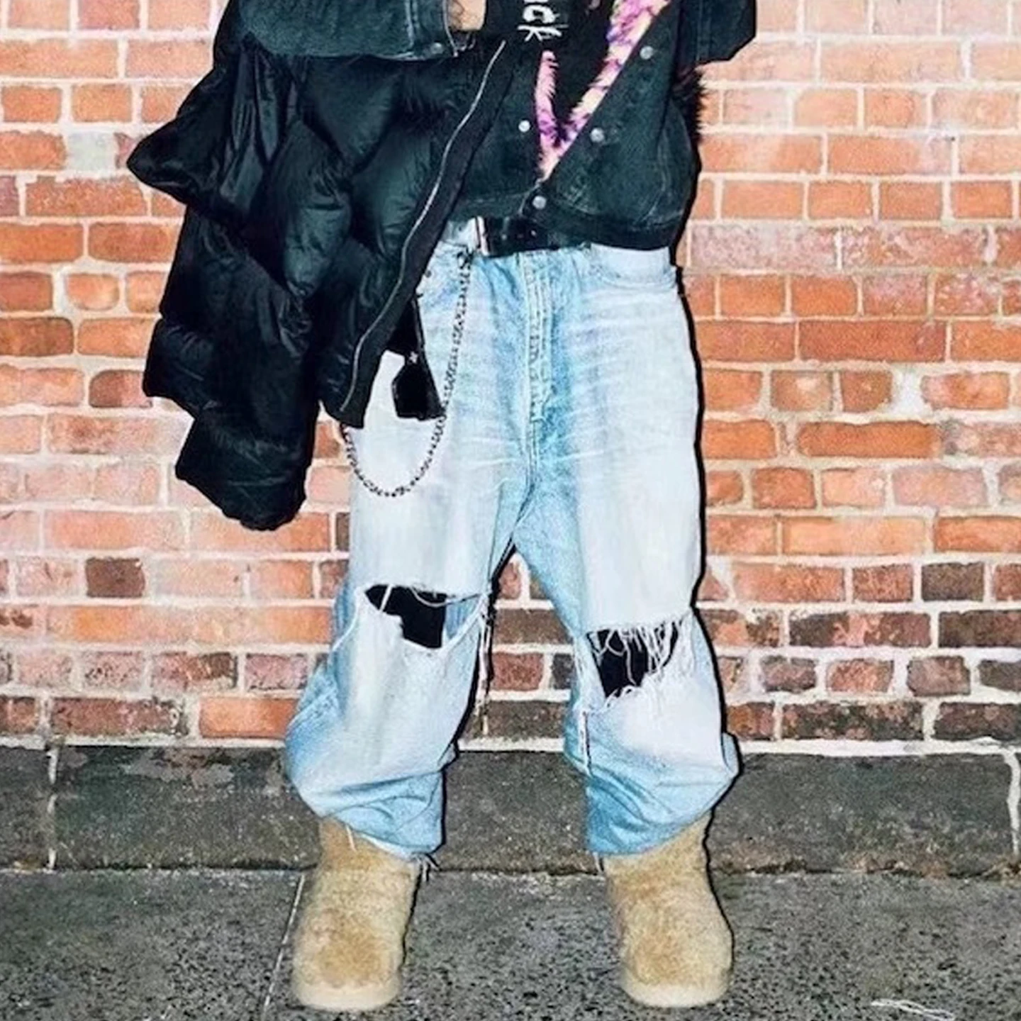 

American High Street Paris B Baggy Men's Jeans Trendy Wide Leg Pants Knife Cut Silhouette Hole Casual Straight Tube Jeans