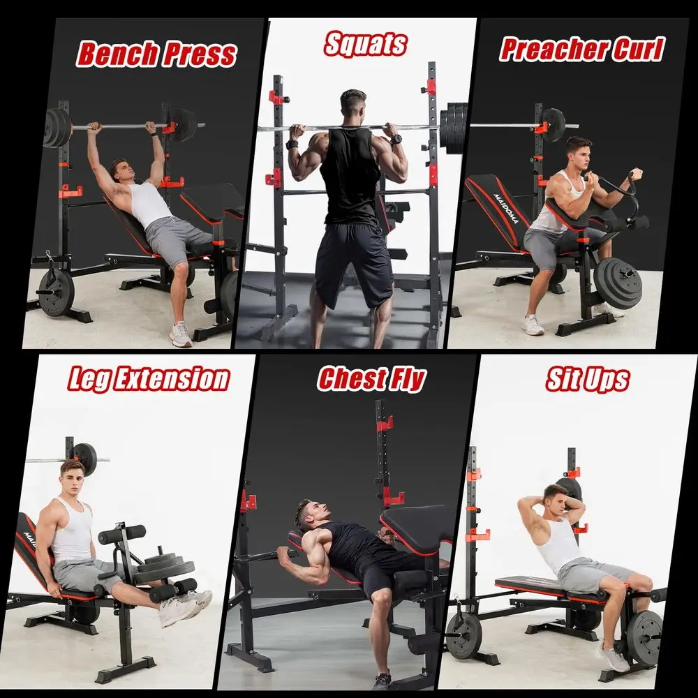

1500LBS 6 in 1 Weight Bench Set with Leg Extension Curl and Preacher Curl, Bench Press Set and barbell Rack with Safety Bar Cat